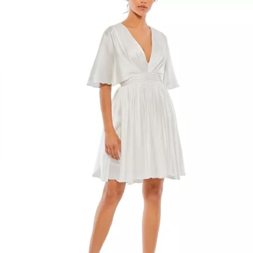 Mac Duggal Satin Flowy Cape Sleeve Mini Dress